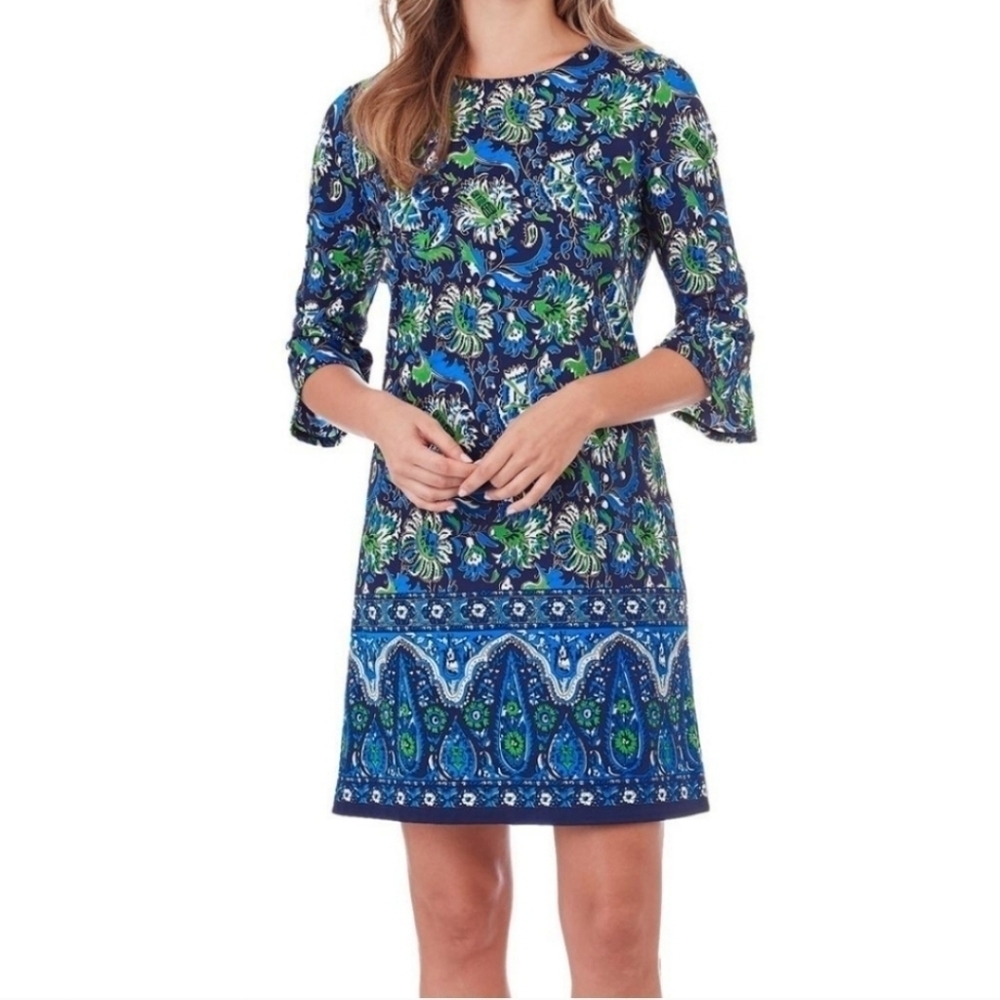 Jude Connally sz small blue green print sheeth dress
